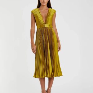 Pleated Cap Sleeve Belted A Line Dress