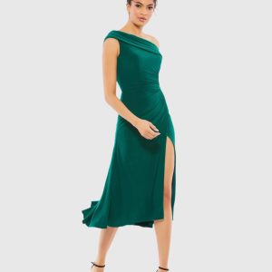 Dark Green Ruched Off-The-Shoulder Midi Dress