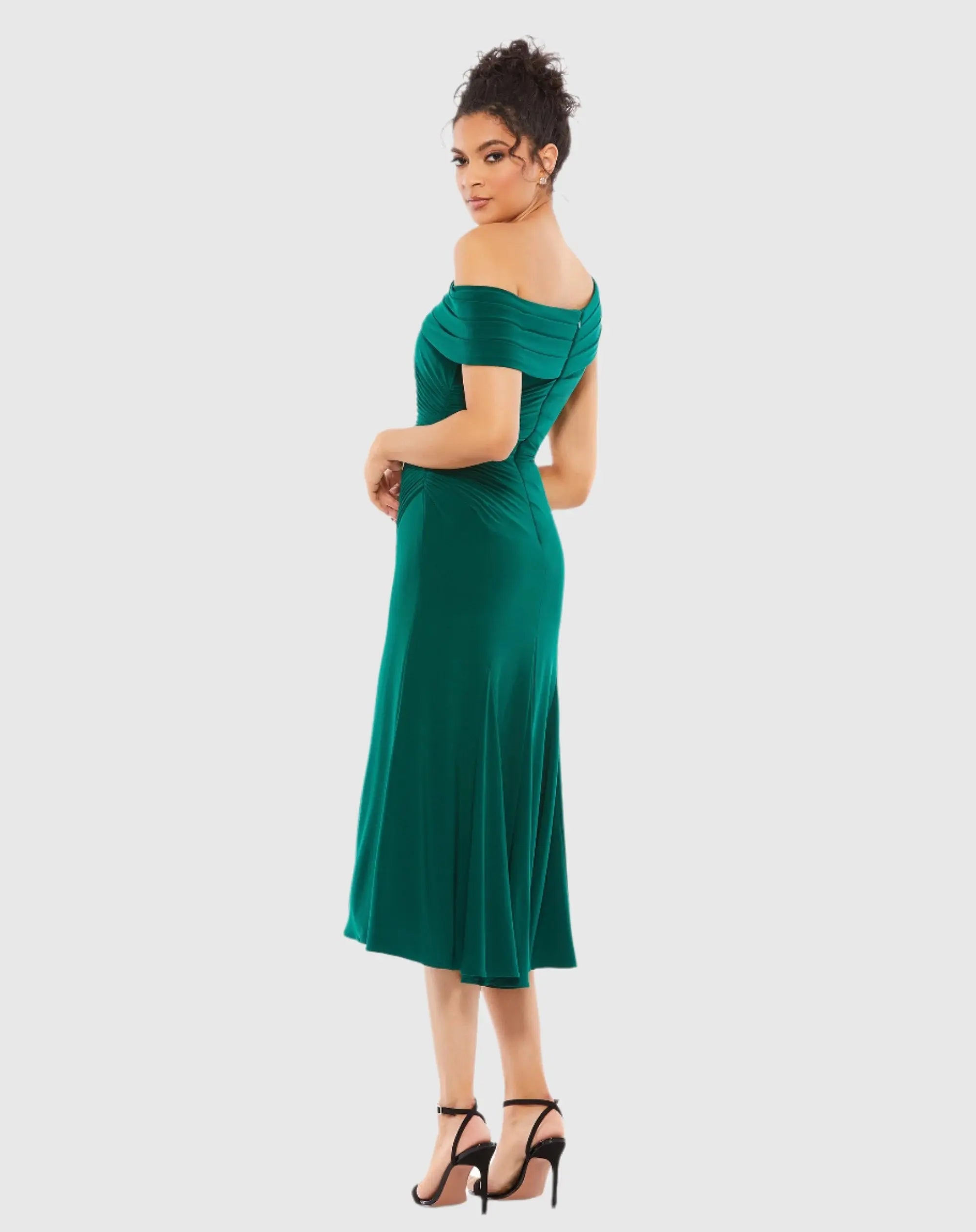 Dark Green Ruched Off-The-Shoulder Midi Dress - Image 3