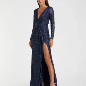 Navy Sequined Long Sleeve Gown