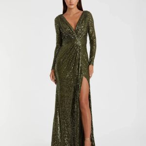 Green Sequined Long Sleeve Gown