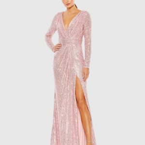 Pink Sequined Long Sleeve Gown