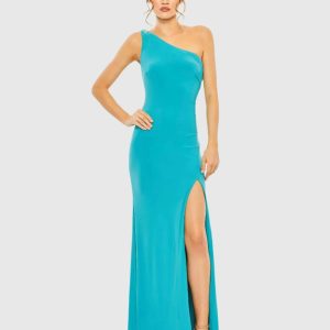 Blue Jersey One Shoulder Draped Back Gown