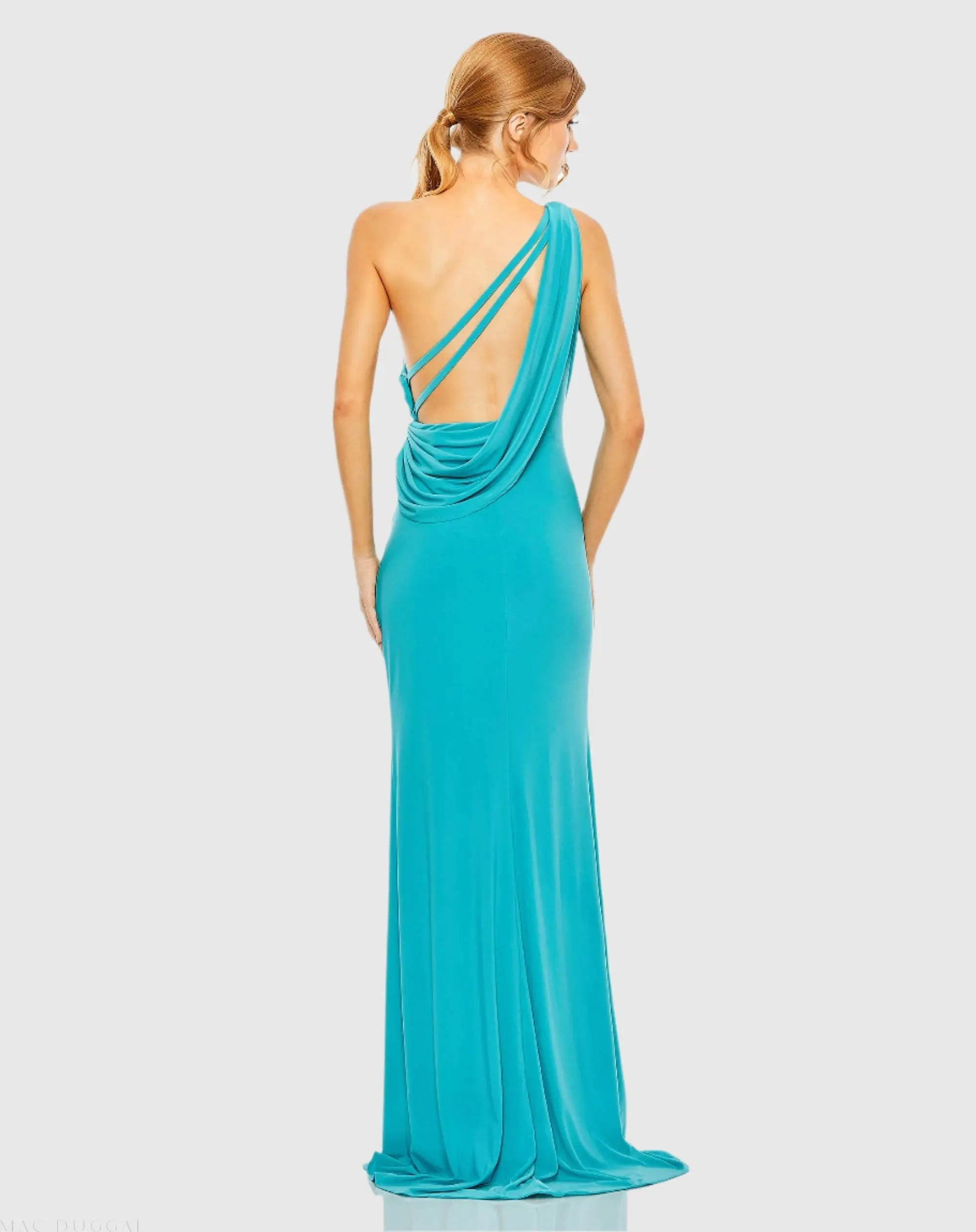 Blue Jersey One Shoulder Draped Back Gown - Image 3
