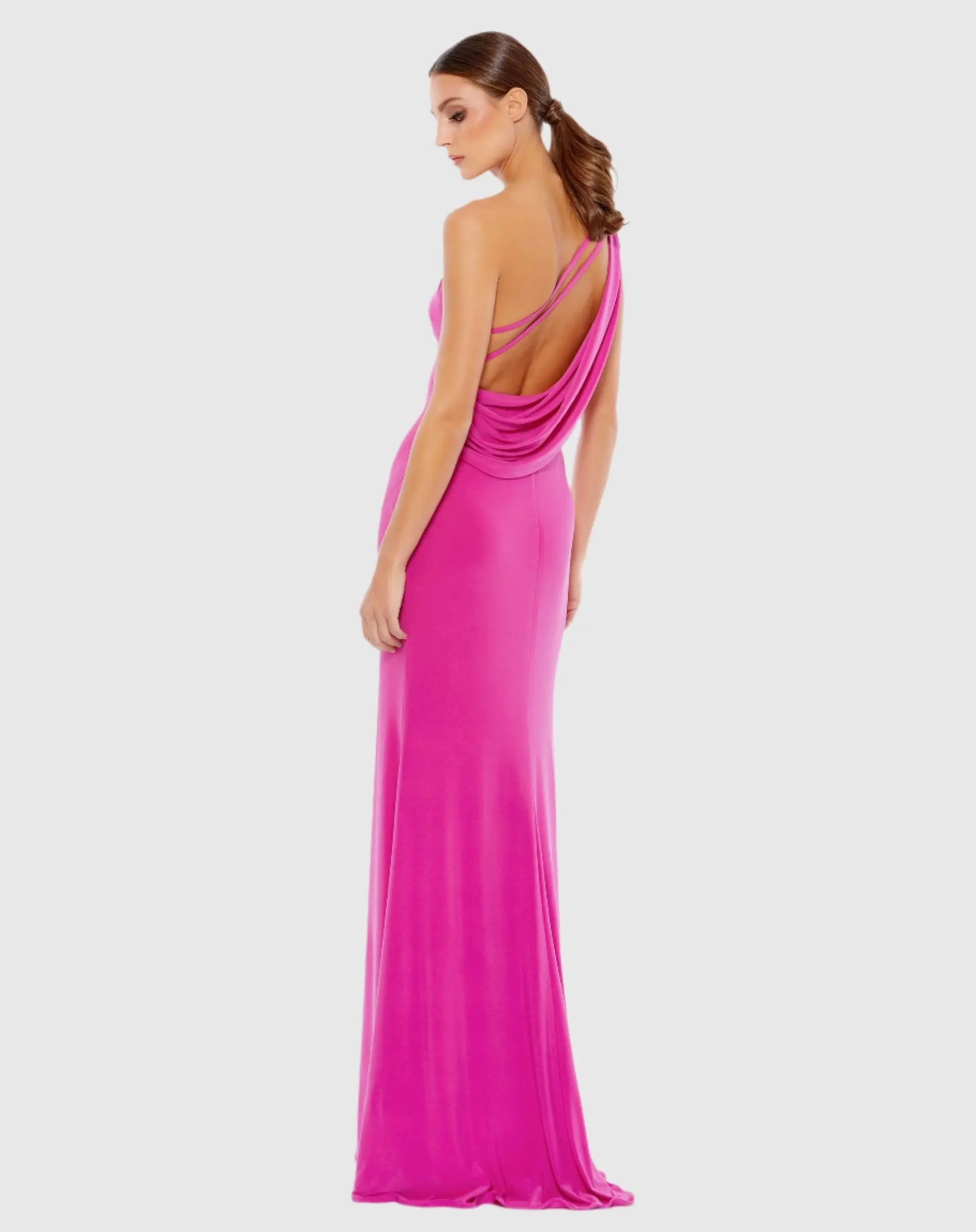Pink Jersey One Shoulder Draped Back Gown - Image 3