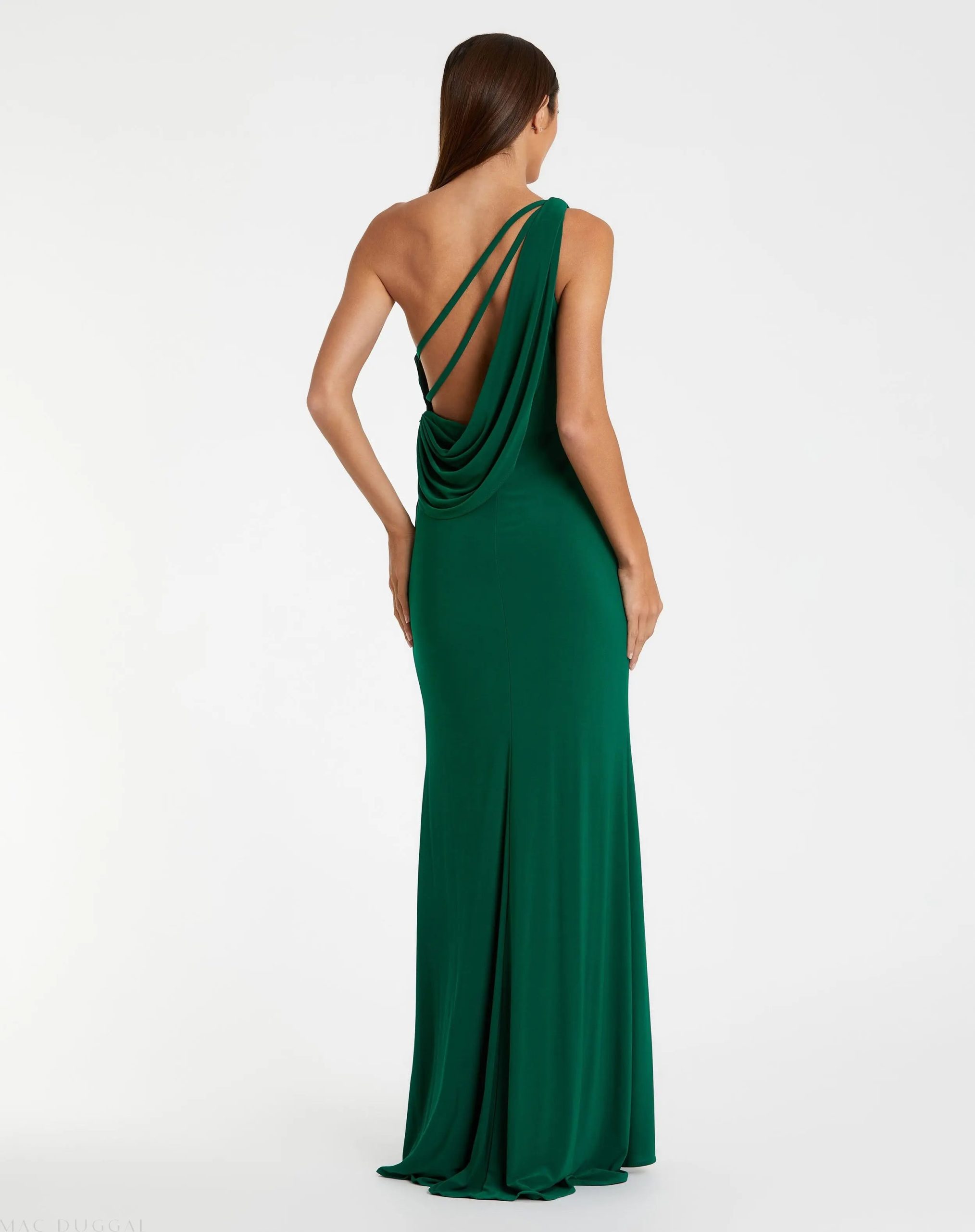 Green Jersey One Shoulder Draped Back Gown - Image 3