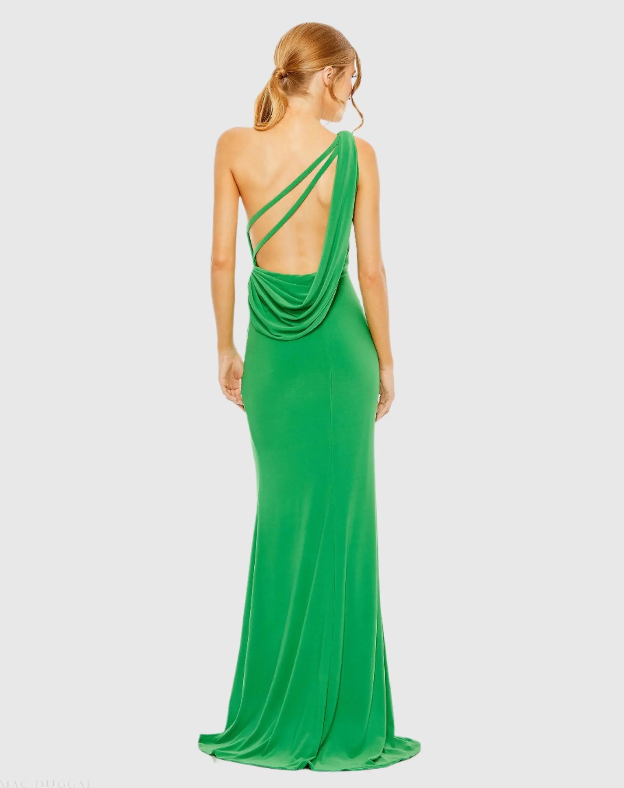 Green Jersey One Shoulder Draped Back Gown - Image 3