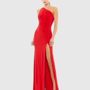Red Jersey One Shoulder Draped Back Gown