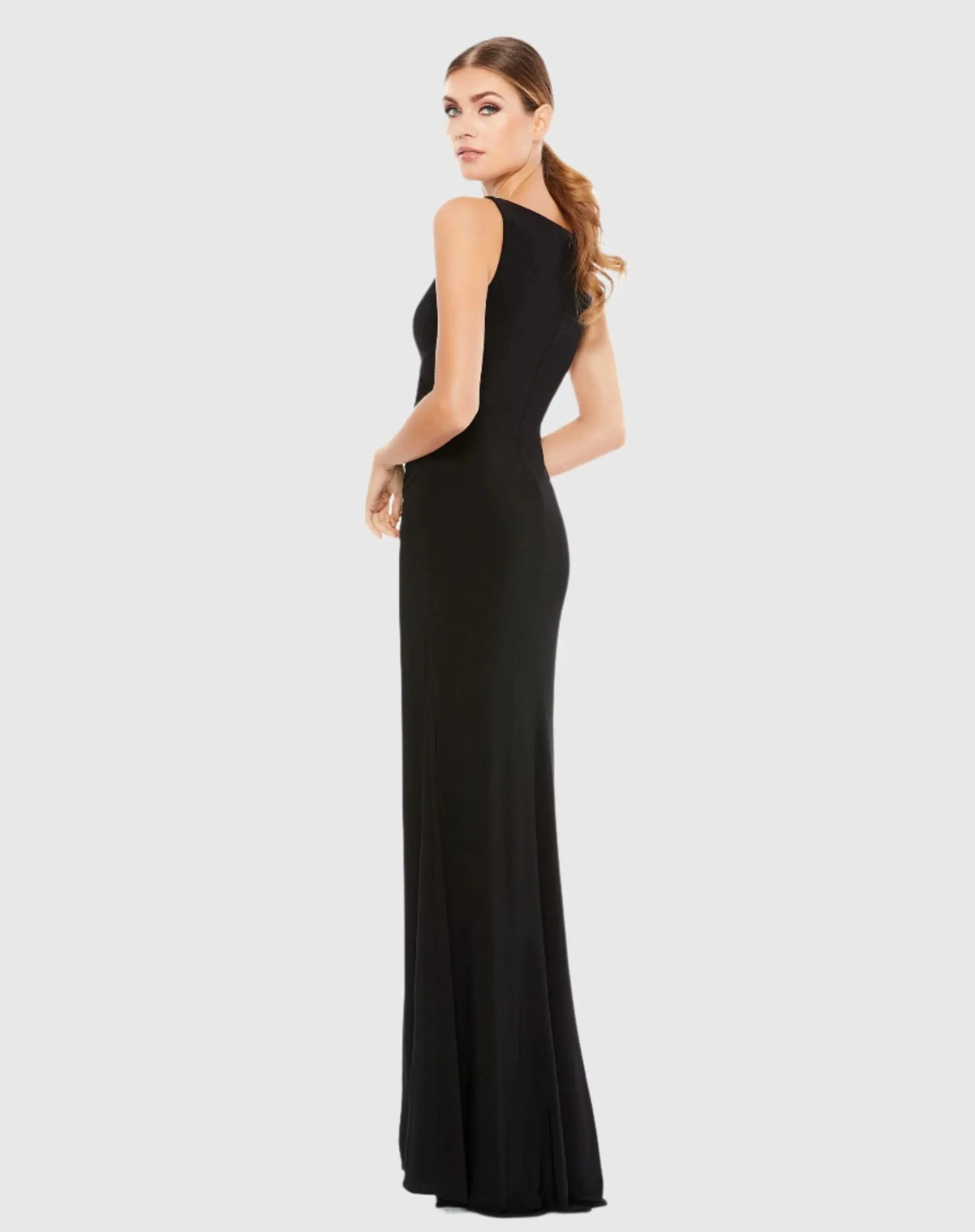 Black Faux Wrap Sleeveless V Neck Gown - Image 3