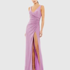 Purple Ruched Stretch Jersey V-Neck Gown