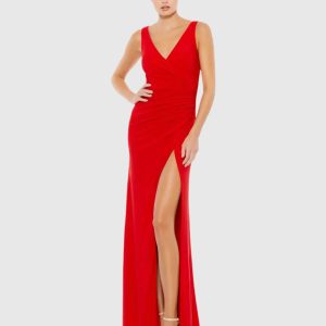 Red Faux Wrap Sleeveless V Neck Gown
