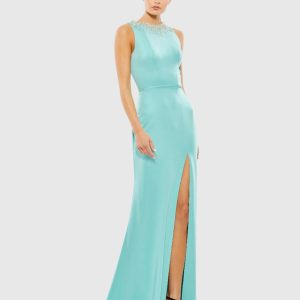 Sleeveless Rhinestone Collar Column Gown