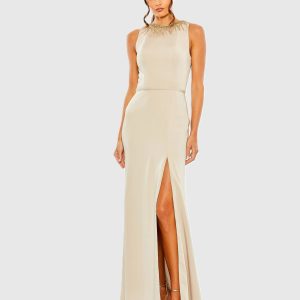 Beige High Neck Rhinestone Column Gown With Slit