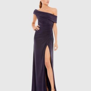 Purple Foldover Off-the-Shoulder Slit Gown