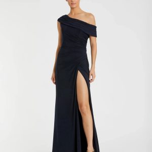 Navy Foldover Off-the-Shoulder Slit Gown