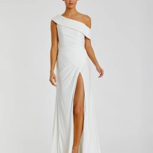 White Foldover Off-the-Shoulder Slit Gown