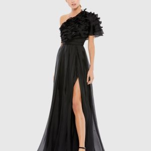 Black Ruffle Layered One Shoulder Gown