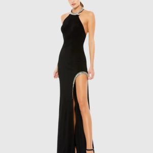 Black Rhinestone Accented Halter Gown