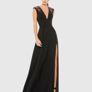 Black Beaded Cap Sleeve V Neck A Line Gown