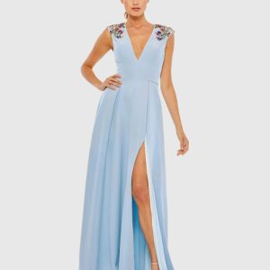 Dark Blue Beaded Cap Sleeve V Neck A Line Gown - FINAL SALE