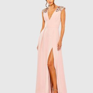 Pink Beaded Cap Sleeve V Neck A Line Gown