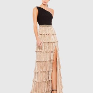 Black and Gold One-Shoulder Ruffle Tiered A-Line Gown