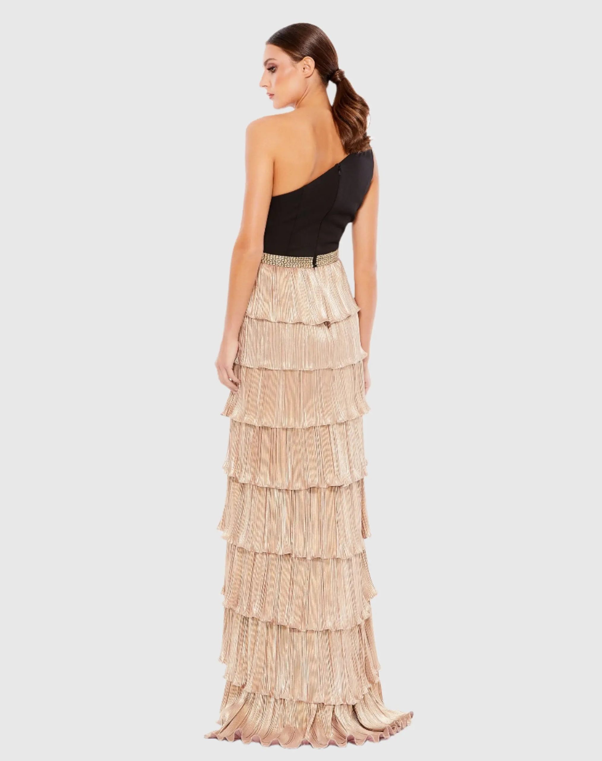 Black and Gold One-Shoulder Ruffle Tiered A-Line Gown - Image 3