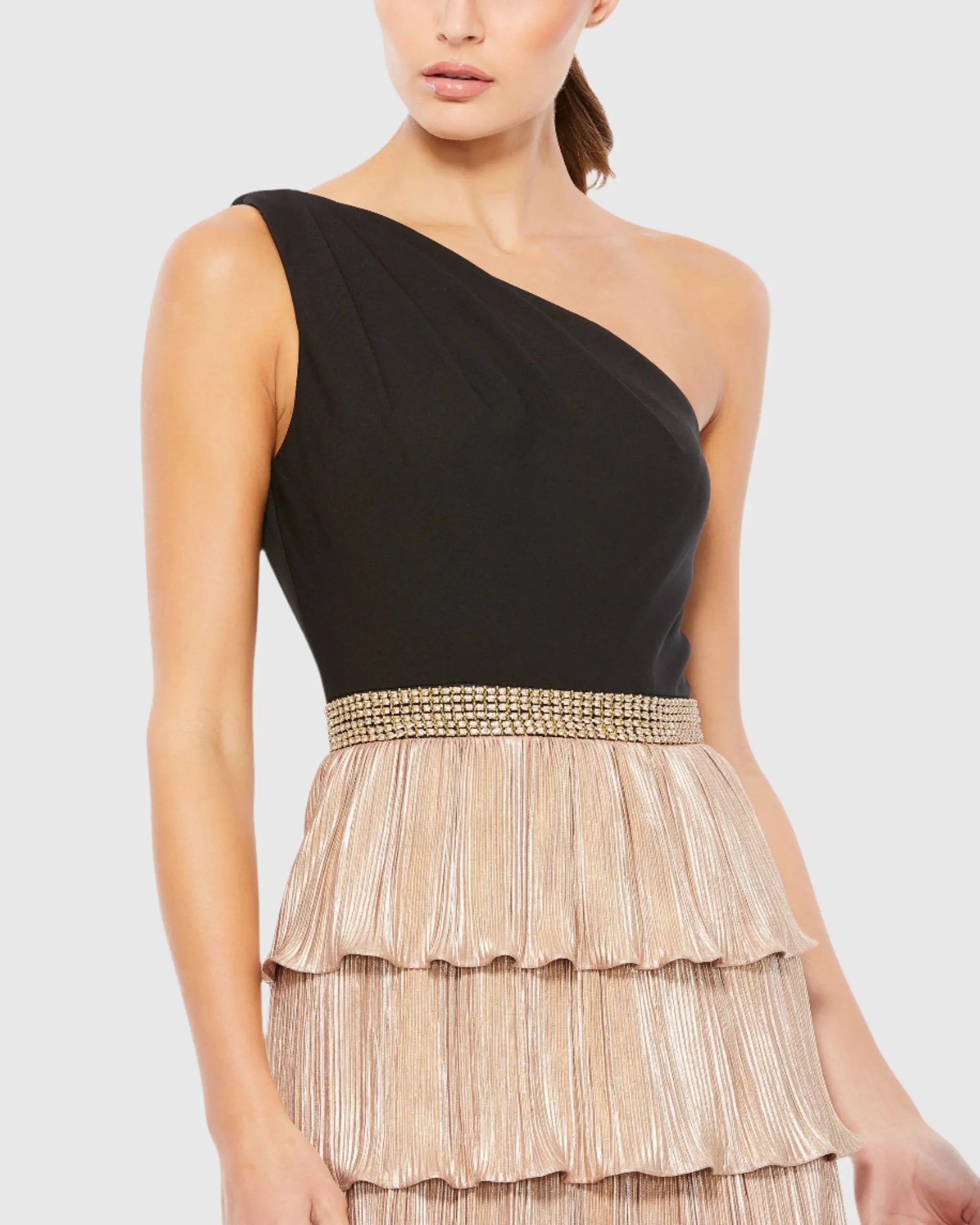 Black and Gold One-Shoulder Ruffle Tiered A-Line Gown - Image 2