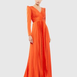 Orange Pleated Long Sleeve V-Neck Gown