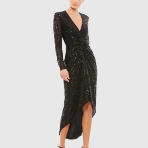 Sequined High Low Front Twist Midi Dress