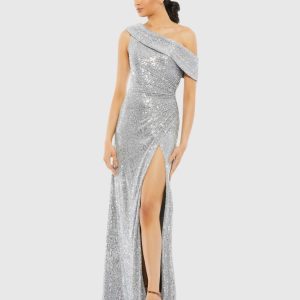 Silver Sequined Drop Shoulder Gown