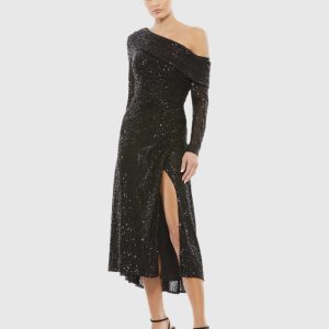 One Shoulder Sequin Long Sleeve Midi Dress