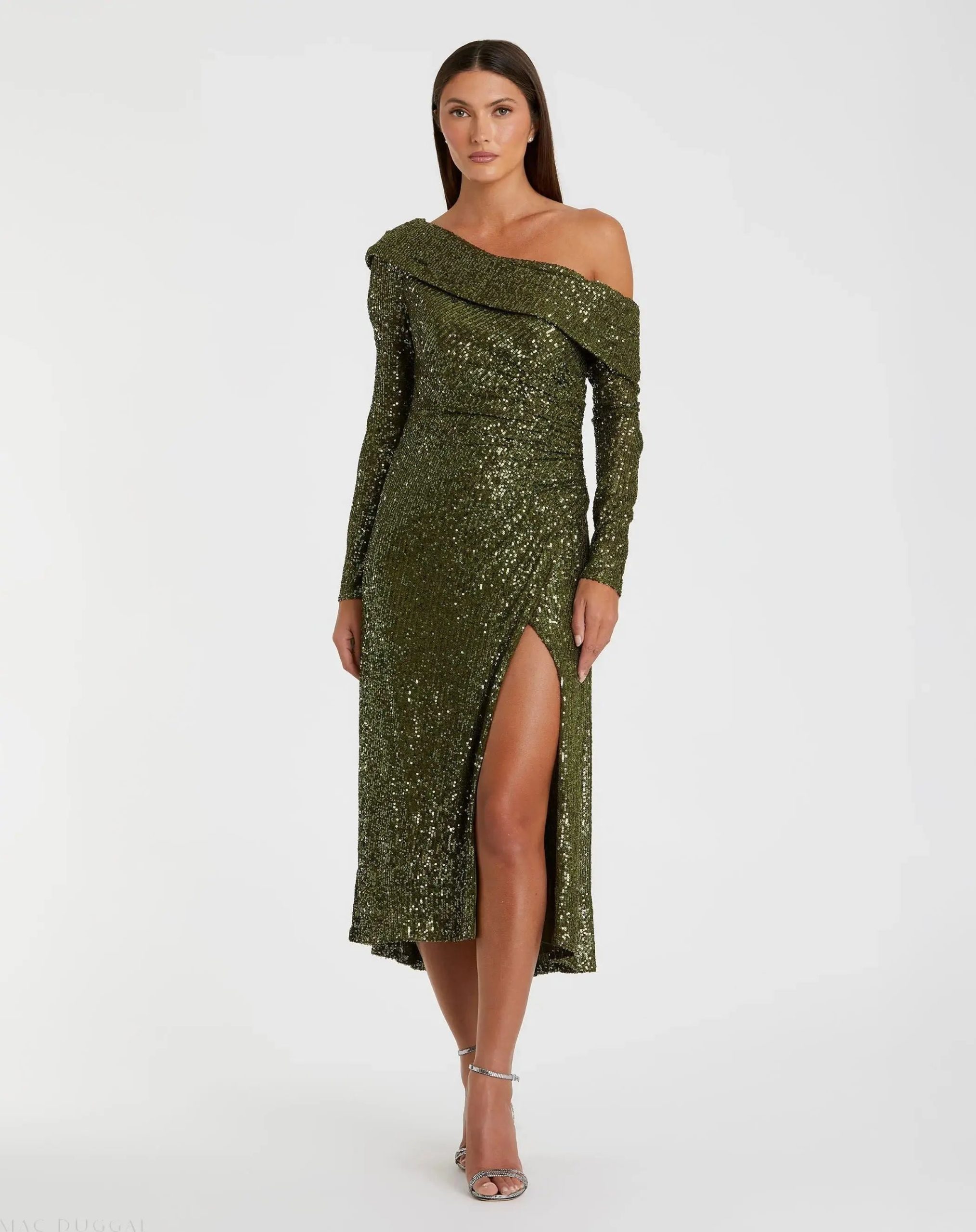 One Shoulder Sequin Long Sleeve Midi Dress - Image 2