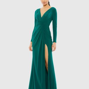 V-Neck Long Sleeve High Slit Gown
