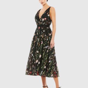 Black Floral Embroidered Midi Dress