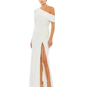 White Ruched Jersey Drop Shoulder Foldover Gown