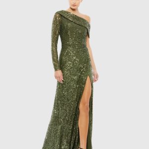 Sequined Drop Shoulder Faux Wrap Gown