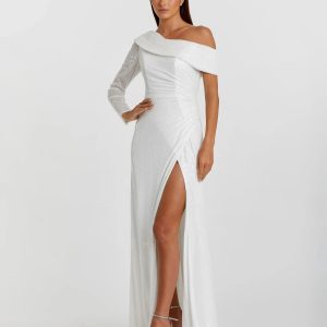 White Sequined Drop Shoulder Faux Wrap Gown
