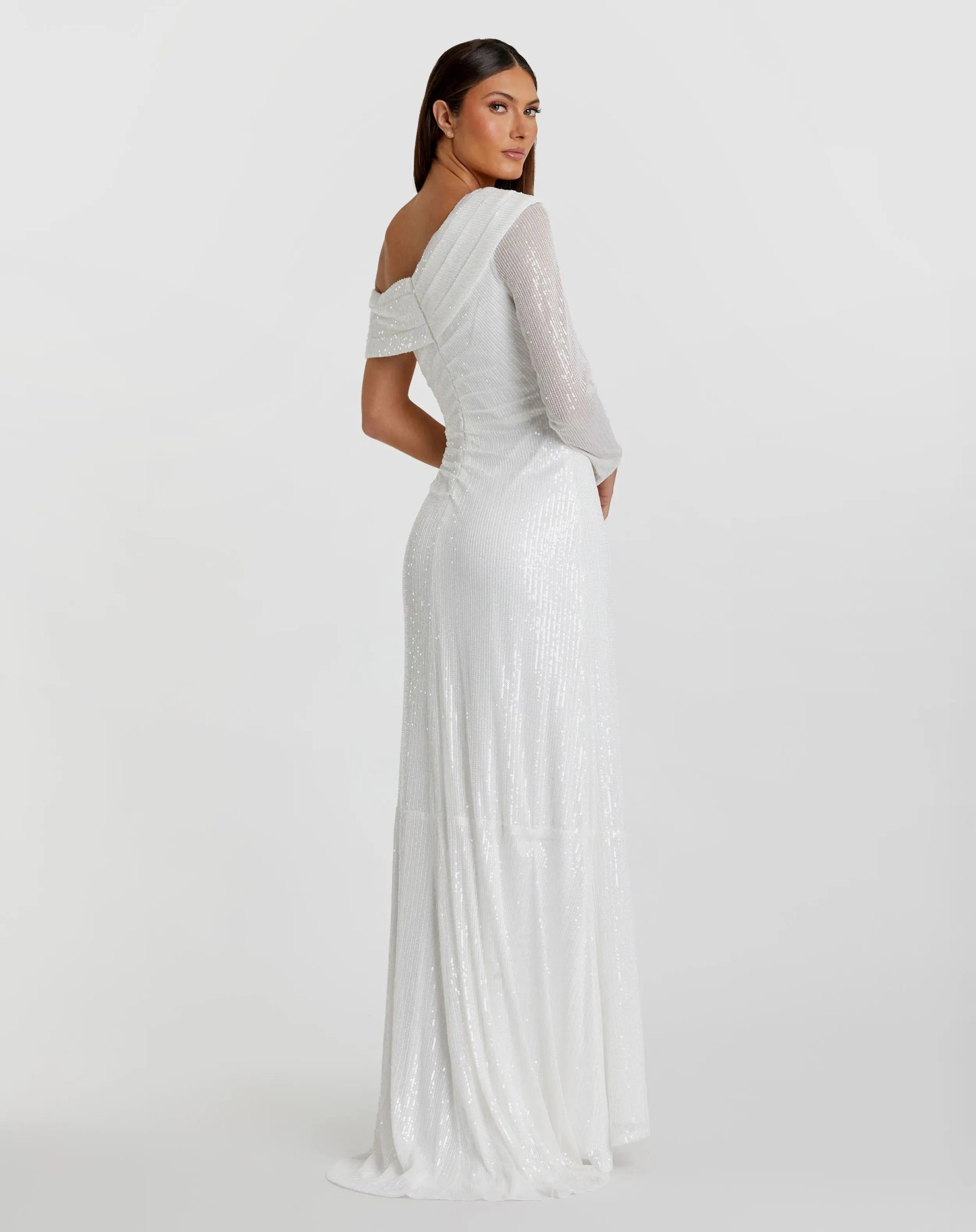 White Sequined Drop Shoulder Faux Wrap Gown - Image 3