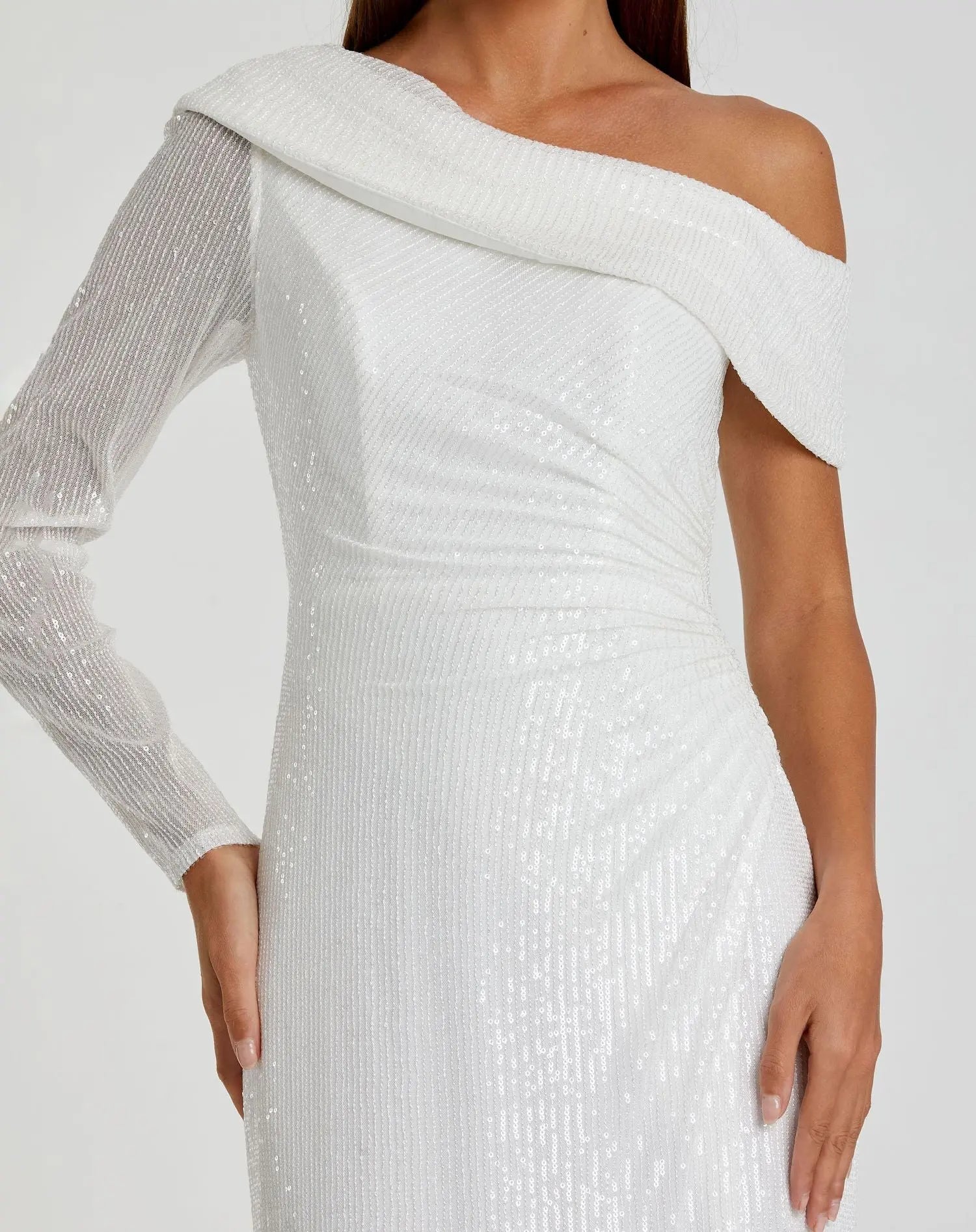 White Sequined Drop Shoulder Faux Wrap Gown - Image 2