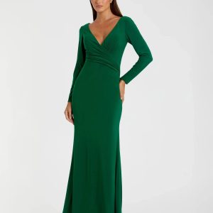 Green Long Sleeve Ruched Jersey V-Neck Gown