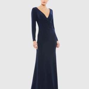 Navy Long Sleeve Ruched Jersey V-Neck Gown