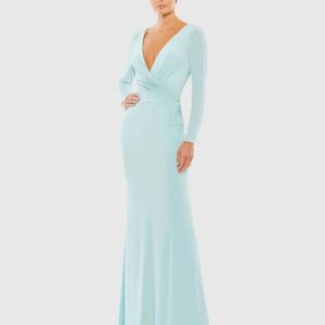 Blue Long Sleeve Ruched Jersey V-Neck Gown