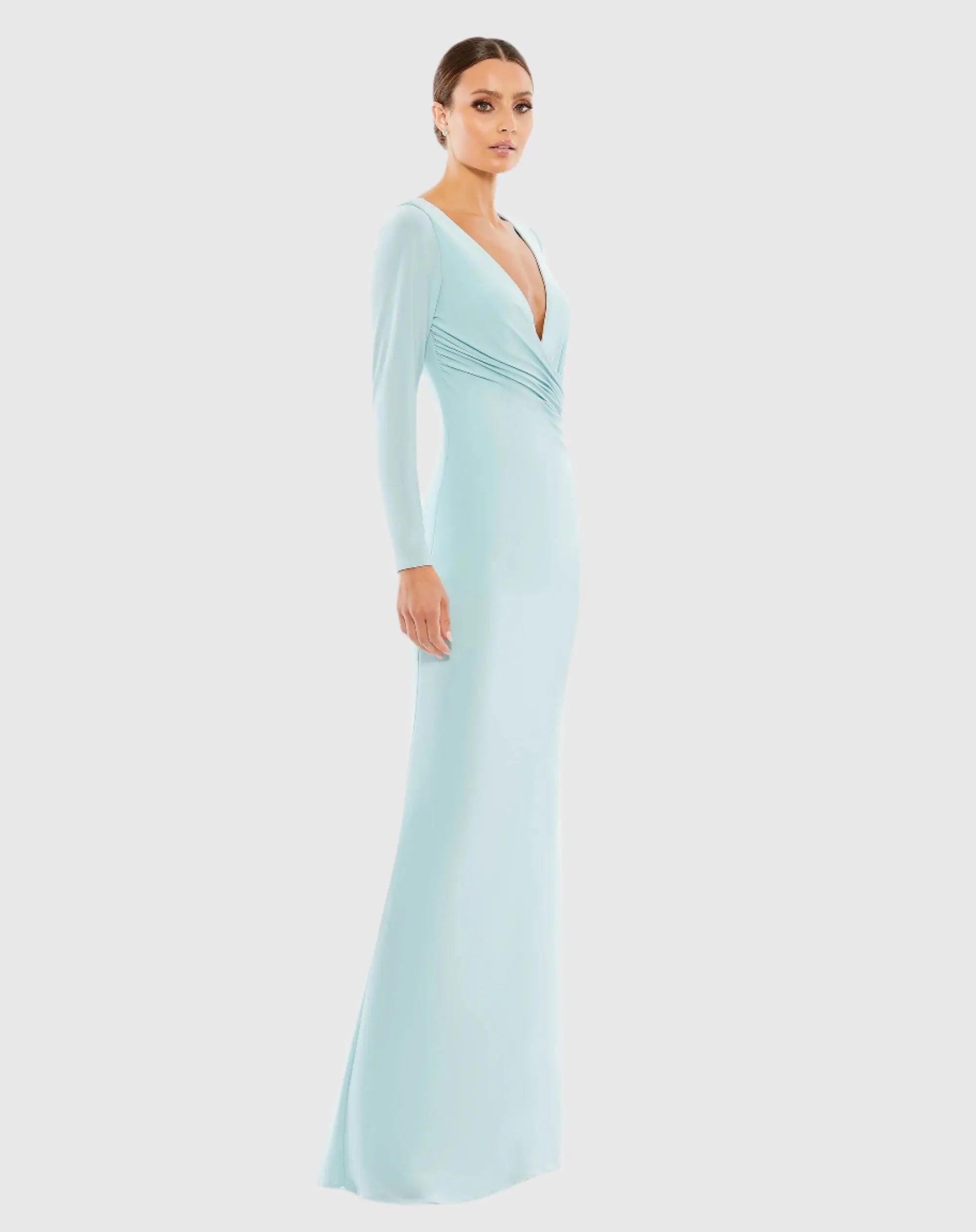 Blue Long Sleeve Ruched Jersey V-Neck Gown - Image 3