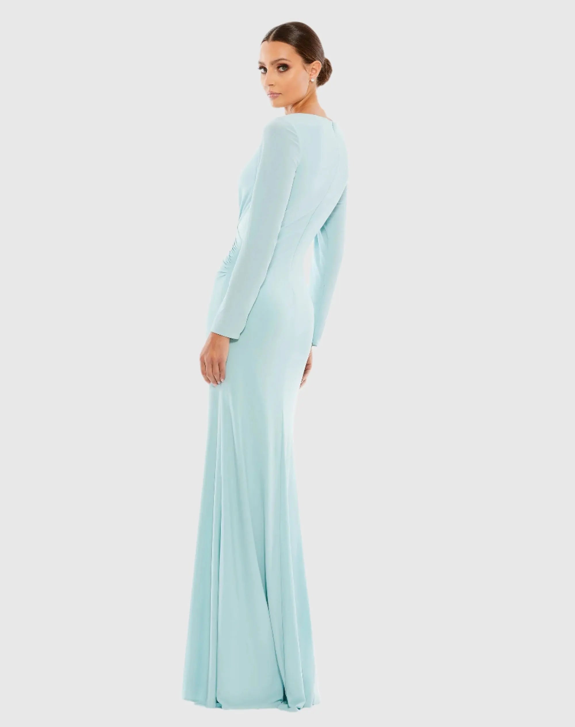 Blue Long Sleeve Ruched Jersey V-Neck Gown - Image 4