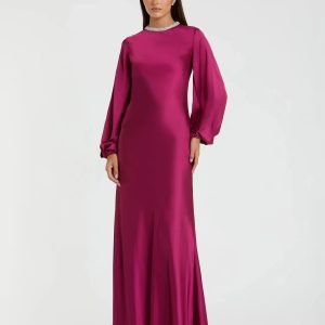 Purple Beaded High Neck Bishop Sleeve Satin Gown