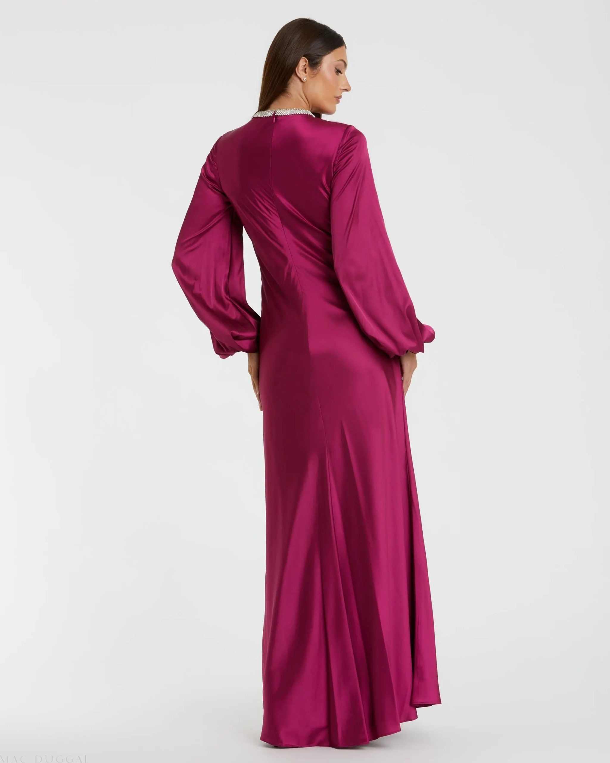 Purple Beaded High Neck Bishop Sleeve Satin Gown - Image 3