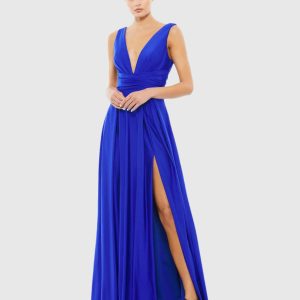 Blue Jersey Plunge Neck Evening Gown
