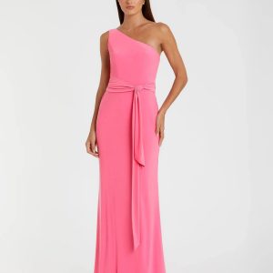 Pink Jersey One Shoulder Belted Trumpet Gown