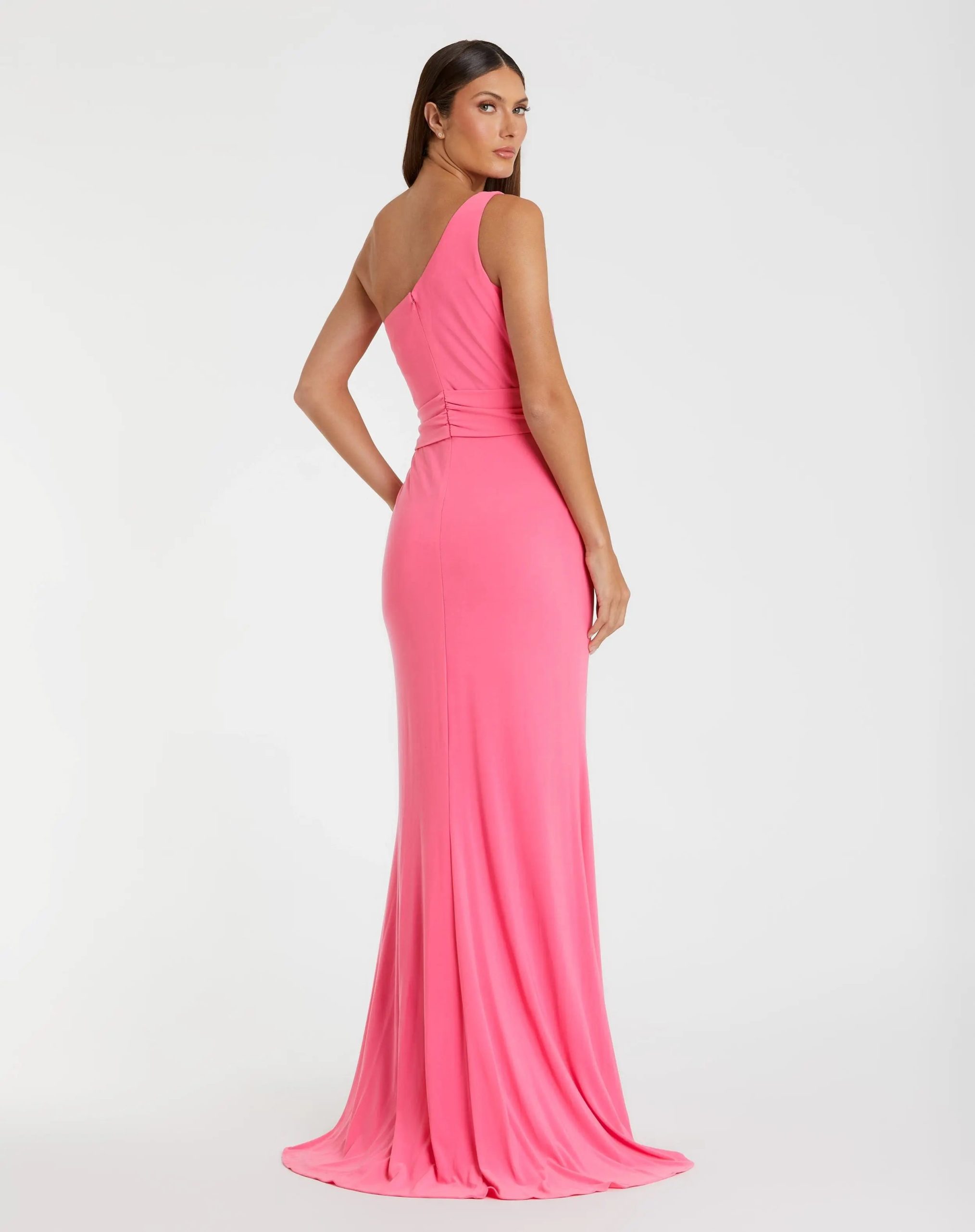 Pink Jersey One Shoulder Belted Trumpet Gown - Image 3